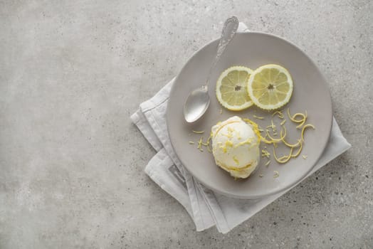 Lemon ice cream on a plate close up shoot