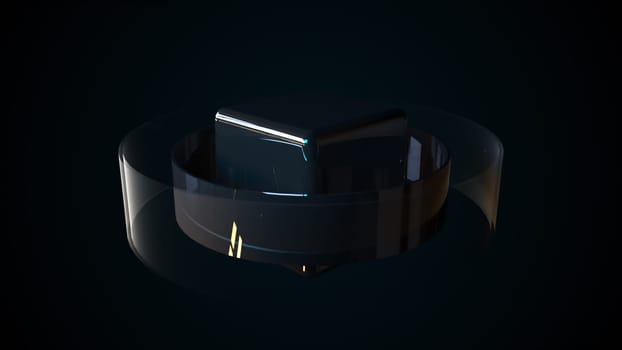 Futuristic stripes wrapping around 3d render of realistic square. Dynamic cyber presentation with vibrant gradient. Modern curly minimalism in strict decoration style