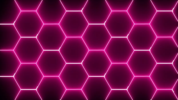 Computer generated hexagonal abstract design with neon light. 3d rendering of honeycomb backdrop.