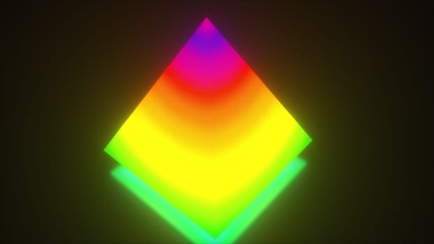Glowing triangular 3d render building with rainbow waves textures. Futuristic figure with bright reflection of fluorescent design. Digital techno scene of virtual synthwave