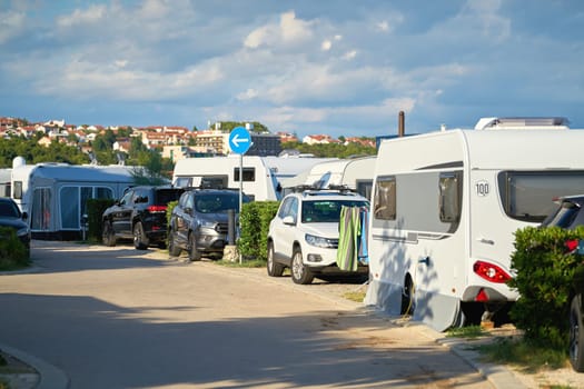 Cars and Mobile homes on a popular campsite on the island of Krk near the town of the same name Krk in Croatia