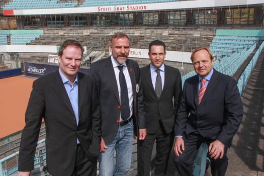 Frank Lichte (Technical Director),Markus Zoecke (Tournament Director),Patrick-David Kundler (Main Sponsor) and Werner Ellerkmann (Praesident LTTC Rot-Weiss) at Steffi Graf Stadion Berlin,PK Allianz Kundler Grand Champions,LTTC Rot-Weiss,Berlin,14.04.2015
