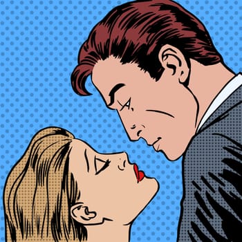 Love men and women kiss pop art comics retro style Halftone. Imitation of old illustrations. Romantic date