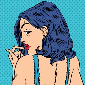 Surprised woman looks back pop art comics retro style Halftone. Imitation of old illustrations