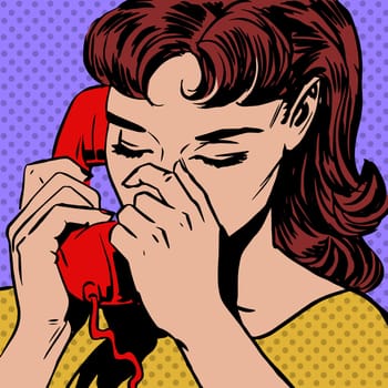 A woman speaks on the phone pop art comics retro style Halftone. Imitation of old illustrations