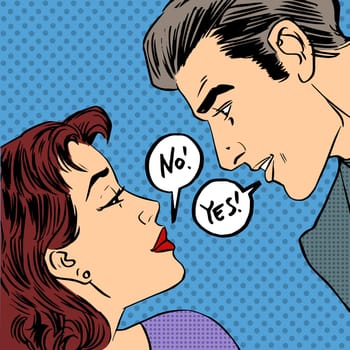 dispute men and women the woman says no and he says Yes pop art comics retro style Halftone. Imitation of old illustrations