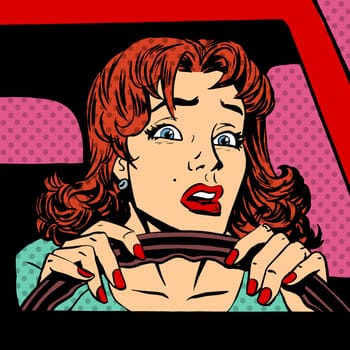 Inexperienced woman driver of the car accident pop art comics retro style Halftone. Imitation of old illustrations
