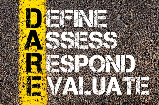 Define Assess Respond Evaluate - DARE Concept. Conceptual image with yellow paint line on the road over asphalt stone background.