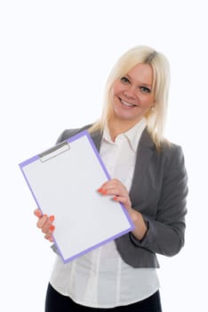 smiling blond young business woman with a clipboard