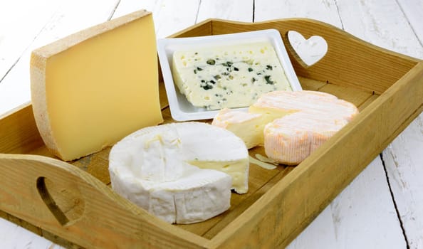 tray different french cheeses on white table