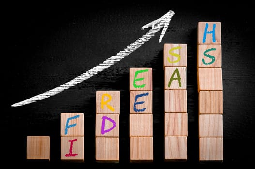 Message FRESH IDEAS on ascending arrow above bar graph of Wooden small cubes isolated on black background. Chalk drawing on blackboard. Business Concept image.