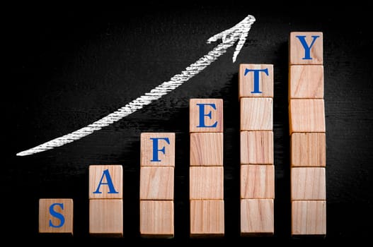 Word SAFETY on ascending arrow above bar graph of Wooden small cubes isolated on black background. Chalk drawing on blackboard. Business Concept image.
