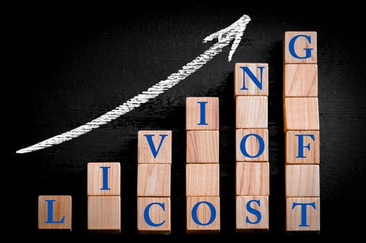 Message COST OF LIVING on ascending arrow above bar graph of Wooden small cubes isolated on black background. Chalk drawing on blackboard. Business Concept image.