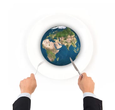 World globe ball with fork and knife isolated on white background, Elements of this image furnished by NASA