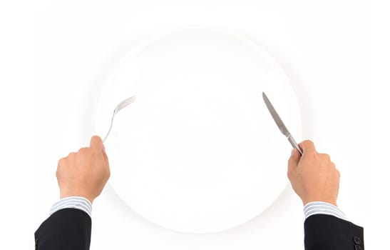 hand hold fork and knife with white plate on white background
