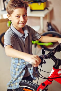 Cheerful boy with bicycle looking at camera
