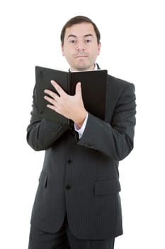 pensive businessman with a book in white background
