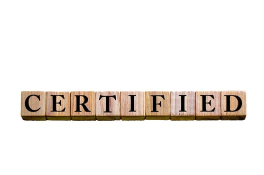 Word E-Commerce. Wooden small cubes with letters isolated on white background with copy space available. Concept image.