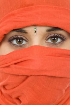 young woman with a veil, close up portrait, studio picture
