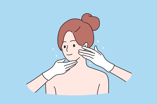 Cosmetology and beauty concept. Face of young smiling pretty woman cartoon character and hands of cosmetologist touching her face during skincare treatment vector illustration