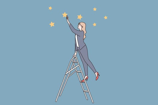Success, leader, possibilities concept. Young business woman standing on ladder and looking ahead for new possibilities and development touching stars vector illustration