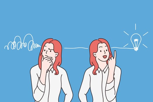 Having great idea and thinking process concept. Young smiling business woman cartoon character standing thinking of money profit and development finally having great new idea vector illustration