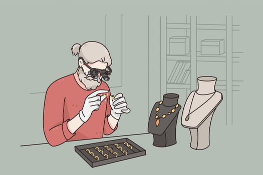 Working as jeweler in jewerely store concept. Grey haired man cartoon character sitting examining diamond with special glasses working as jeweler vector illustration
