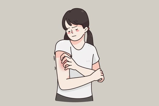Itchy skin, allergy, skin problems concept. Young frustrated girl cartoon character standing touching red damaged skin over grey background vector illustration