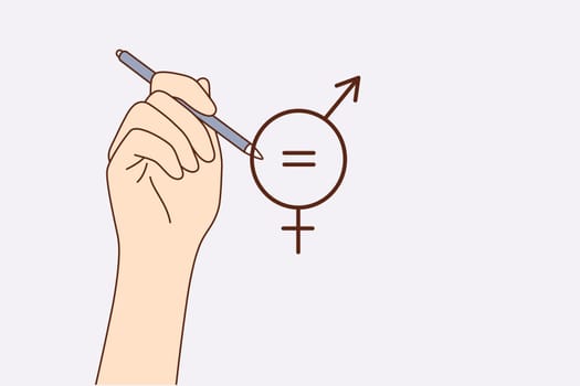 Gender equality concept. Human hand drawing equal sign inside of sign of man and woman symbols meaning equality over grey background vector illustration