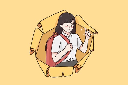 Back to school and learning education concept. Young happy positive schoolchild girl looking from damaged broken paper feeling positive vector illustration