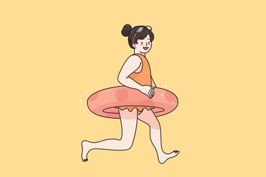 Summer beach leisure activities and vacations concept. Small smiling girl cartoon character in water protective ring walking to water and enjoying vacations vector illustration