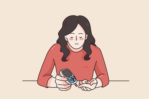 Diabetes control and healthcare concept. Young woman cartoon character sitting and using digital glaucometer at home with finger for blood state control vector illustration