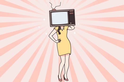 Propaganda on tv, television brainwashing, mass media manipulation concept. Addicted woman in dress having old television with screen instead of head feeling propaganda control vector illustration