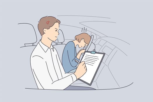Failure in education concept. Adolescent girl cartoon character sitting feeling sad and stressed because of failing her driving test with man instructor writing bad score vector illustration