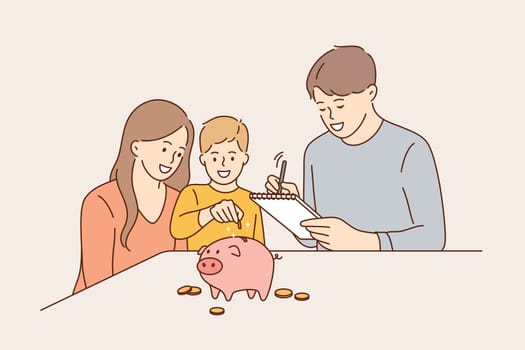 Family budget and saving money concept. Young positive family with child boy cartoon characters sitting and putting coins to pink piggybank to save earnings vector illustration