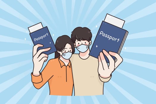 Traveling during covid-19 pandemic concept. Young woman and man in medical face masks standing holding passports with tickets for traveling together during quarantine vector illustration