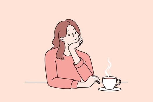 Dreaming and everyday relaxation concept. Young positive girl sitting dreaming at table drinking tea or coffee alone vector illustration