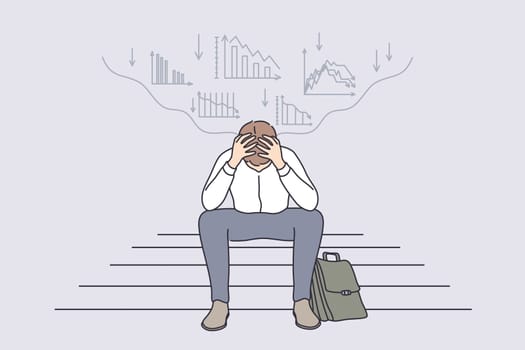 Economic regression, failure in business concept. Tired or stressed businessman cartoon character sitting on ladder stairs in panic feeling depressed stock market financial background
