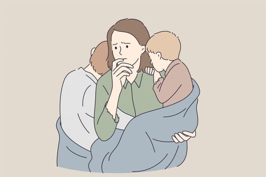 Poverty, single mother, troubles concept. Young sad unhappy mother woman cartoon character with two children standing feeling upset having no enough money for food and living