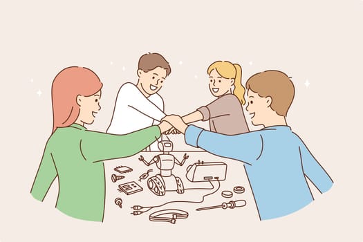 Happy children and games concept. Group of children friends cartoon characters playing together as team with robot shaking hands as union vector illustration