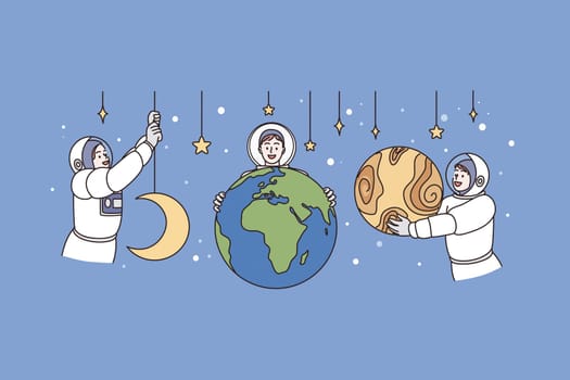 Working as astronaut and universe concept. Young men astronauts in working uniform holding planets and stars embracing universe vector illustration