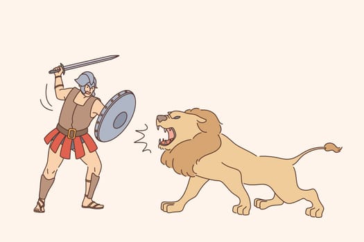 Gladiator with lion fight concept. Young man gladiator cartoon character in special uniform standing and fighting with lion during show vector illustration