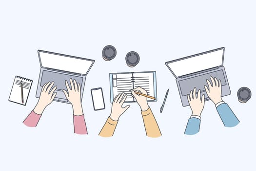Business meeting with laptops concept. Hands of business people partners sitting in office with laptops and notebook having brainstorm together on corporate project illustration, top view