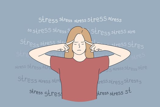 Stress, burnout, tiredness concept. Overworked exhausted young woman standing and touching temples with fingers feeing tired and burnt out vector illustration