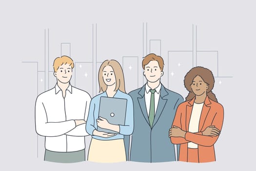Teamwork, Success, office workers concept. Group of positive workers business people partners standing with laptop in office ready to achieve goals together showing professional skills and motivation