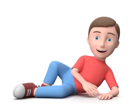 Smiling Young Kid Lying Sideways. 3D Cartoon Character Isolated on White Background 3D Illustration