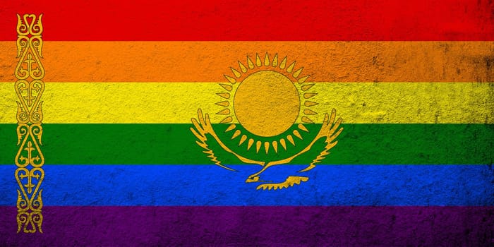 Kazakhstan Rainbow LGBT pride flag. Grunge background