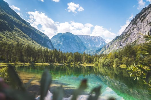 Mountain lake with mountain silhouette in background, Bluntautal, summer time