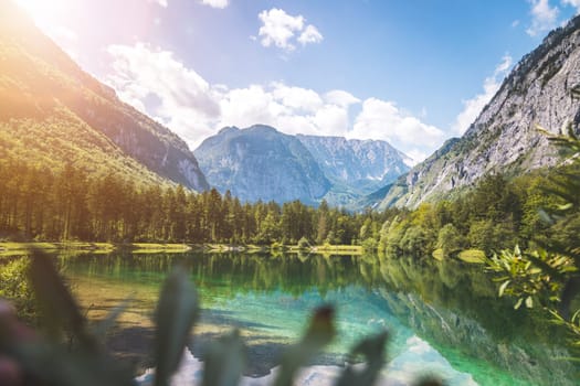 Mountain lake with mountain silhouette in background, Bluntautal, summer time