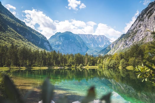 Mountain lake with mountain silhouette in background, Bluntautal, summer time
